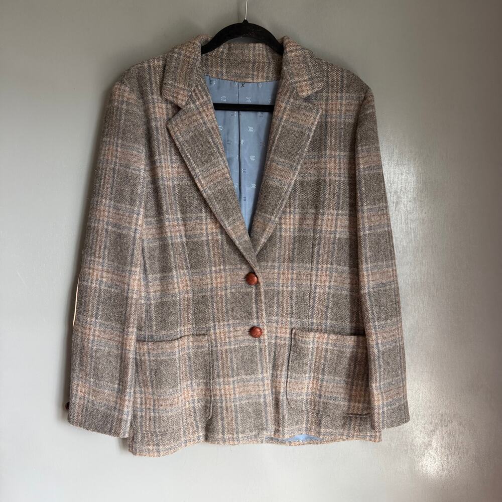 Vintage Women's M/L Grey Tweed Style Blazer Leather Elbow Retro Preppy Classic